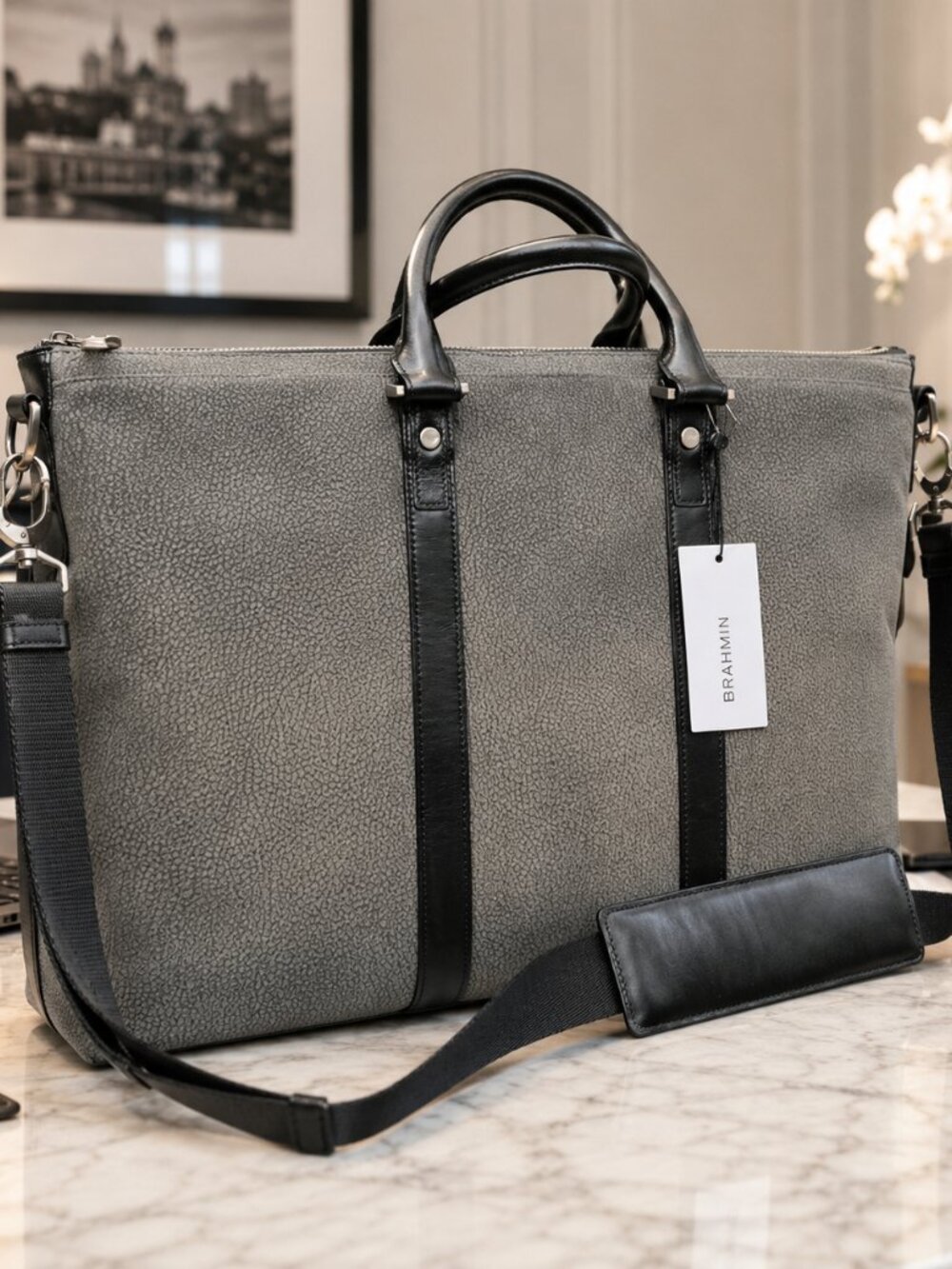 Brahmin Beckett Weekender Charcoal Melbourne Leather Travel Bag NWT